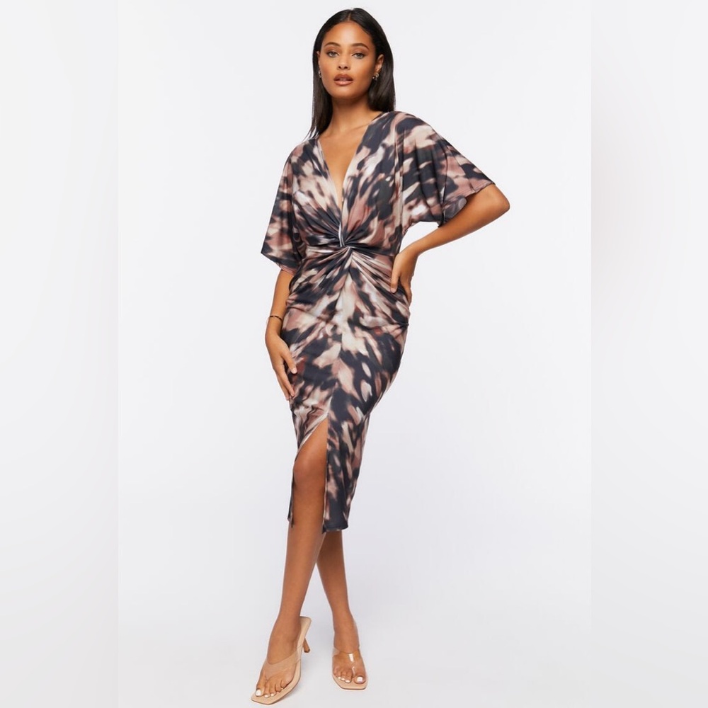 Abstract Print Twisted Midi Dress
